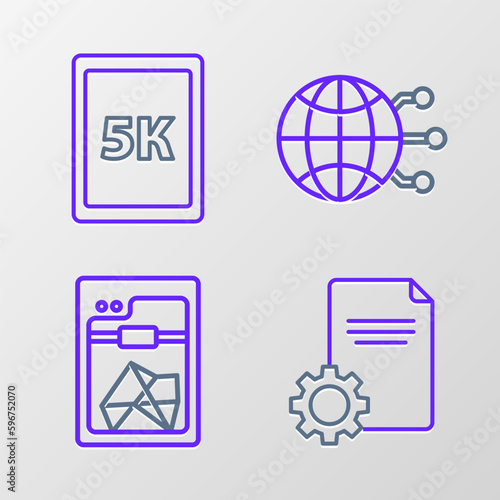 Set line File document, 3D printer, Global technology or social network and Tablet with text 5k icon. Vector
