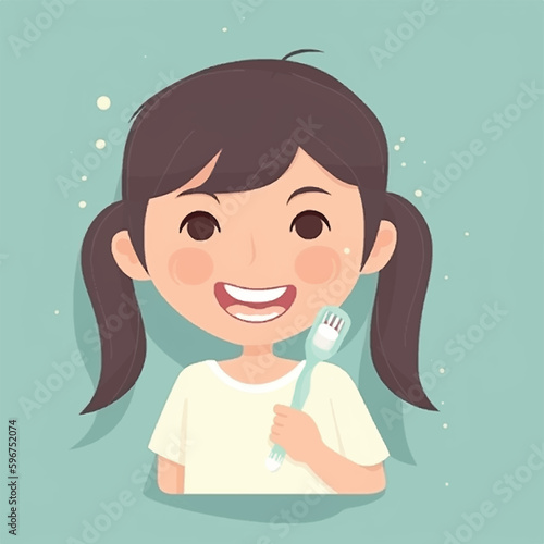 Happy smiling child brushing teeths, simple 2d design.