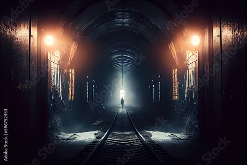 subway tunnel with flickering lights  creating a spooky atmosphere  created with generative ai