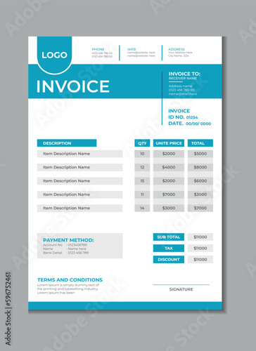 Invoice template design, billing cash voucher, money receipt cash memo layout design with mockup