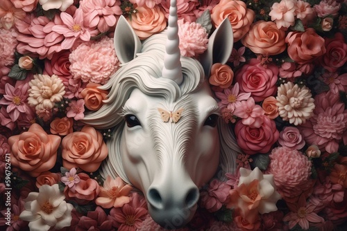 Repeating design of adorable unicorn face and flowers. Generative AI