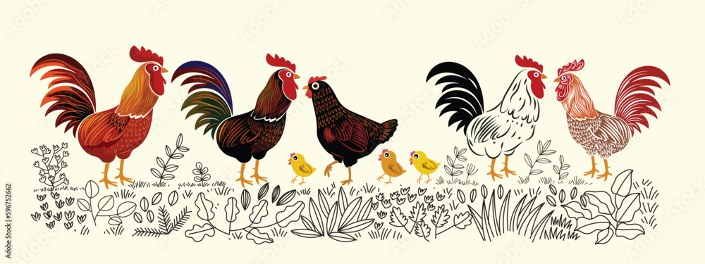 Set of chicken hen rooster icon character hand drawn vector illustration. Pet poultry farm animal symbol. Set of chicken hen rooster icon character hand drawn vector illustration. Pet poultry farm animal symbol.