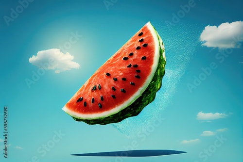 watermelon slice flying past blue sky background, created with generative ai