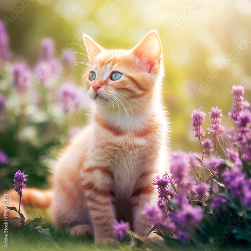 Fluffy ginger kitten sits in the garden on the grass around the violet flowers, generated by AI