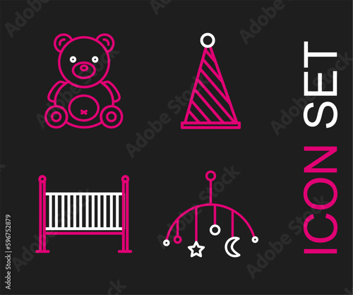 Set line Baby crib hanging toys  cradle bed  Party hat and Teddy bear plush icon. Vector