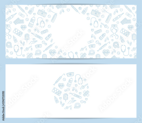 Medical templates in white and light blue colors. Minimal flat line medical and healthy related icons. Vector horizontal medical banners, posters, patterns.