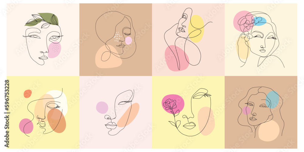 Set of abstract continuous line face person vector illustration collection. Set of abstract continuous line face person vector illustration collection.