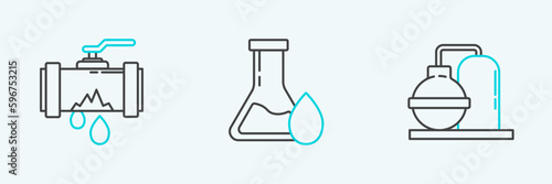 Set line Oil and gas industrial factory building, Broken metal pipe with leaking water and petrol test tube icon. Vector