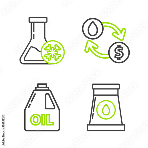 Set line Oil and gas industrial factory building, Canister for motor machine oil, exchange, water transfer, convert and Antifreeze test tube icon. Vector
