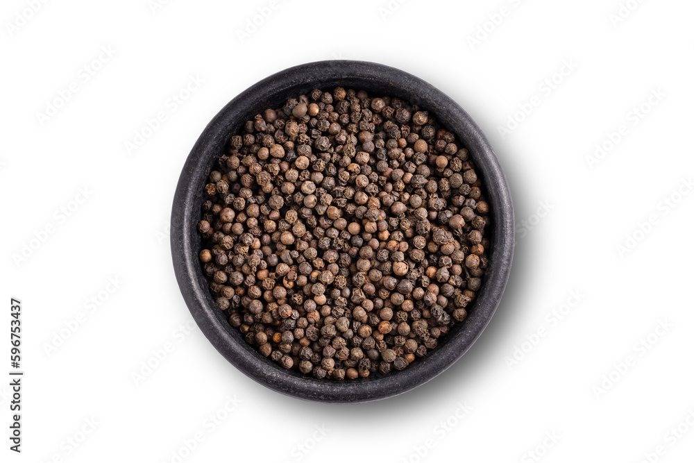 Black pepper seeds bowl. Up view studio shoot on white background. Black pepper seeds bowl. Up view studio shoot on white background.