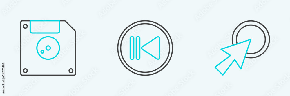 Set line Arrow cursor, Floppy disk for computer data storage and Rewind icon. Vector Set line Arrow cursor, Floppy disk for computer data storage and Rewind icon. Vector
