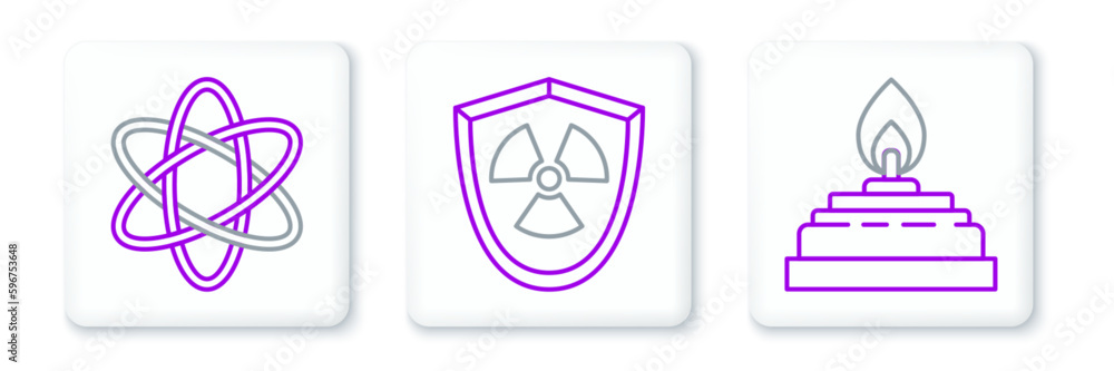 Set line Alcohol or spirit burner, Atom and Radioactive in shield icon. Vector