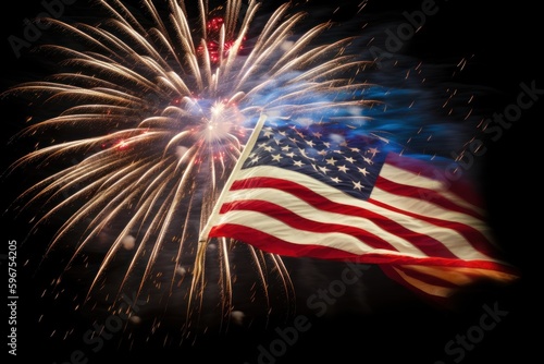 celebratory fireworks on background of american flag at usa independence day. 4th of july American Independence Day
