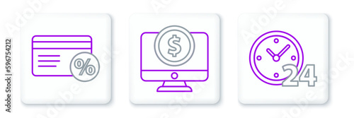 Set line Clock 24 hours, Discount card with percent and Computer monitor dollar icon. Vector