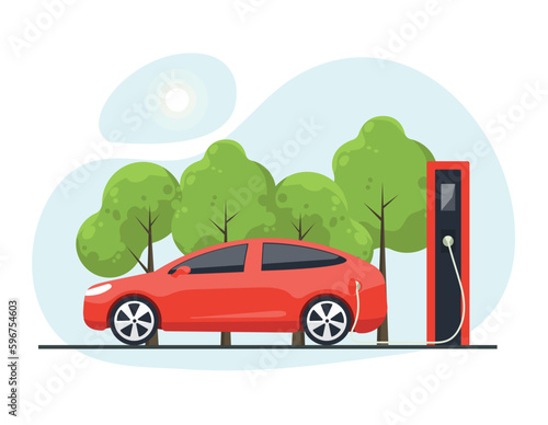 Electric car is charging. Electric car with charging station.The concept of charging an electric car. Isolated vector illustration electric vehicle.
