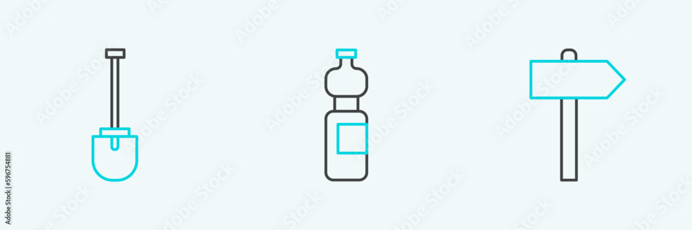 Set line Road traffic signpost, Shovel and Bottle of water icon. Vector Set line Road traffic signpost, Shovel and Bottle of water icon. Vector