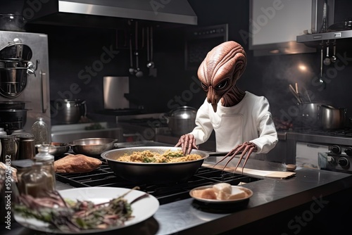 alien chef, preparing unique and delicious dishes for his guests, created with generative ai