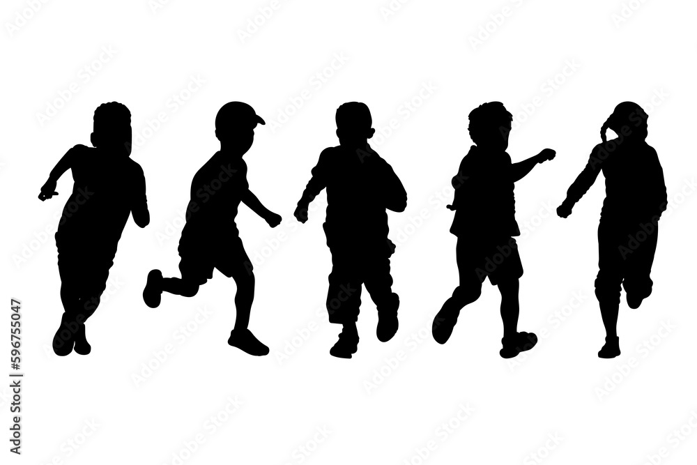 Set of silhouettes of running children