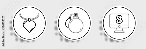 Set line 8 March on monitore, Necklace with heart shaped pendant and Perfume icon. Vector