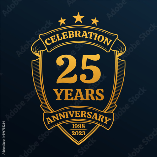 25 years anniversary icon or logo. 25th yubilee celebration, business company birthday badge or label. Vintage banner with shield and ribbon. Wedding, invitation design element. Vector illustration.
