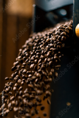 Cooled coffee beans after roasting are poured into a grain container in flight coffee production concept