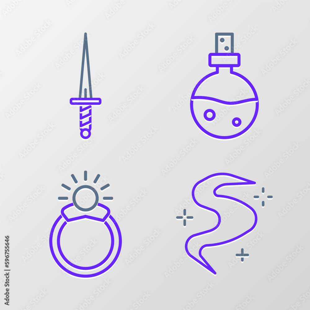Set line Magic fog or smoke, stone ring with gem, Bottle love potion and Dagger icon. Vector Set line Magic fog or smoke, stone ring with gem, Bottle love potion and Dagger icon. Vector