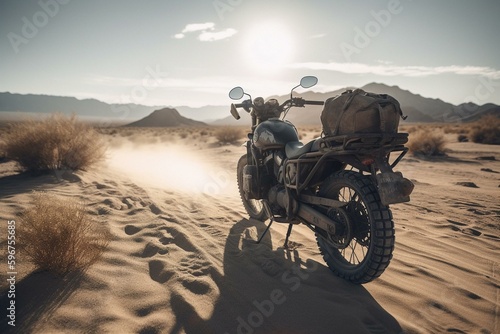 Motorcycle journey through the desert terrain. Generative AI