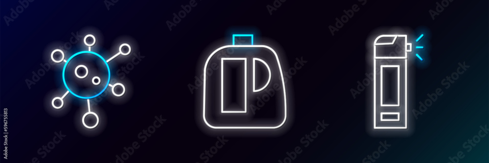 Set line Bottle with nozzle spray, Virus and Bottles for cleaning agent icon. Glowing neon. Vector Set line Bottle with nozzle spray, Virus and Bottles for cleaning agent icon. Glowing neon. Vector