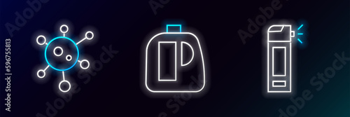 Set line Bottle with nozzle spray, Virus and Bottles for cleaning agent icon. Glowing neon. Vector