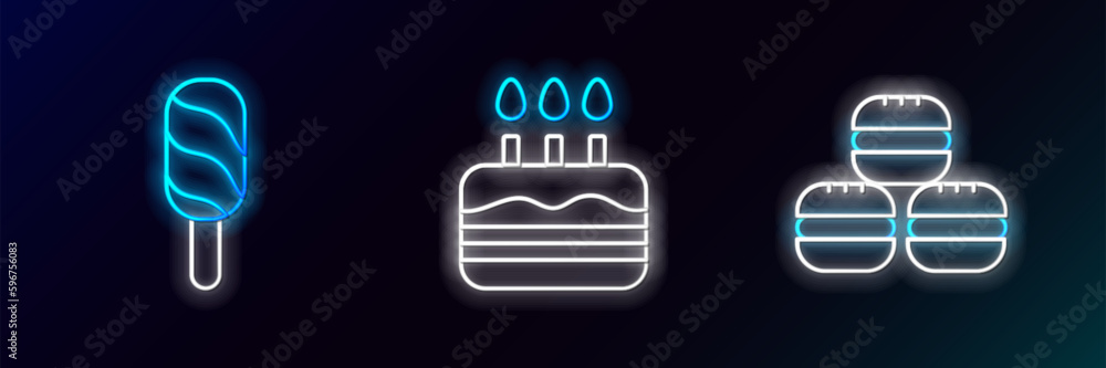 Set line Macaron cookie, Ice cream and Cake with burning candles icon. Glowing neon. Vector