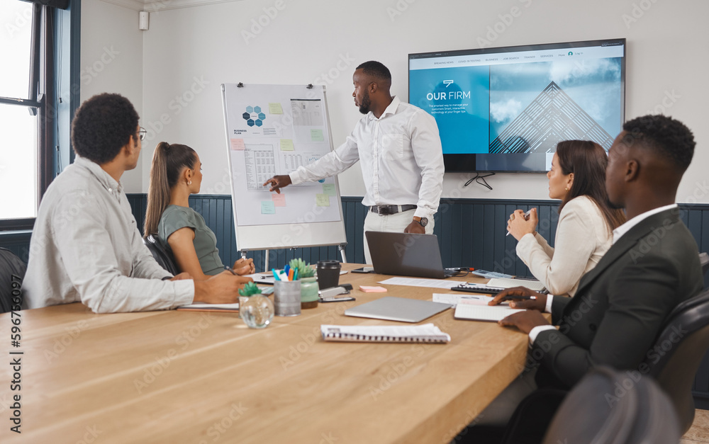 A group of young diverse corporate business people working as a team on a project in a boardroom. African American man speaker using a chart and graph to discuss statistics and planning a strategy A group of young diverse corporate business people working as a team on a project in a boardroom. African American man speaker using a chart and graph to discuss statistics and planning a strategy