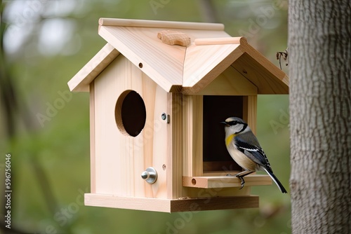 Foto birdhouse with window that allows the birds to view their surroundings, created