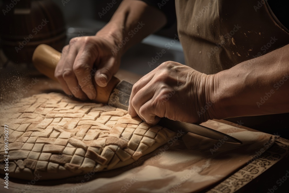 Obraz premium a baker, meticulously shaping and scoring bread for a basket weave pattern, created with generative ai