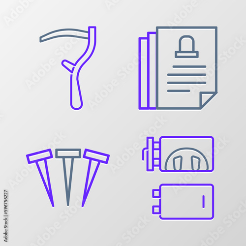 Set line Crematorium, Metallic nails, Death certificate and Scythe icon. Vector