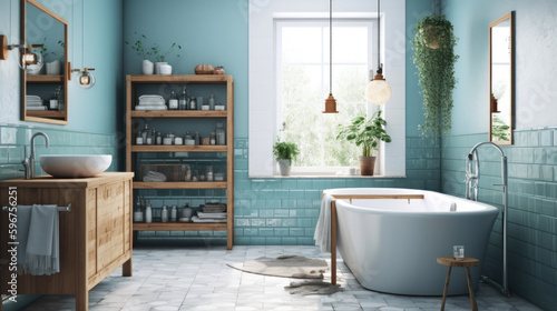 Modern Scandinavian style bathroom with calming blue walls. Generative AI
