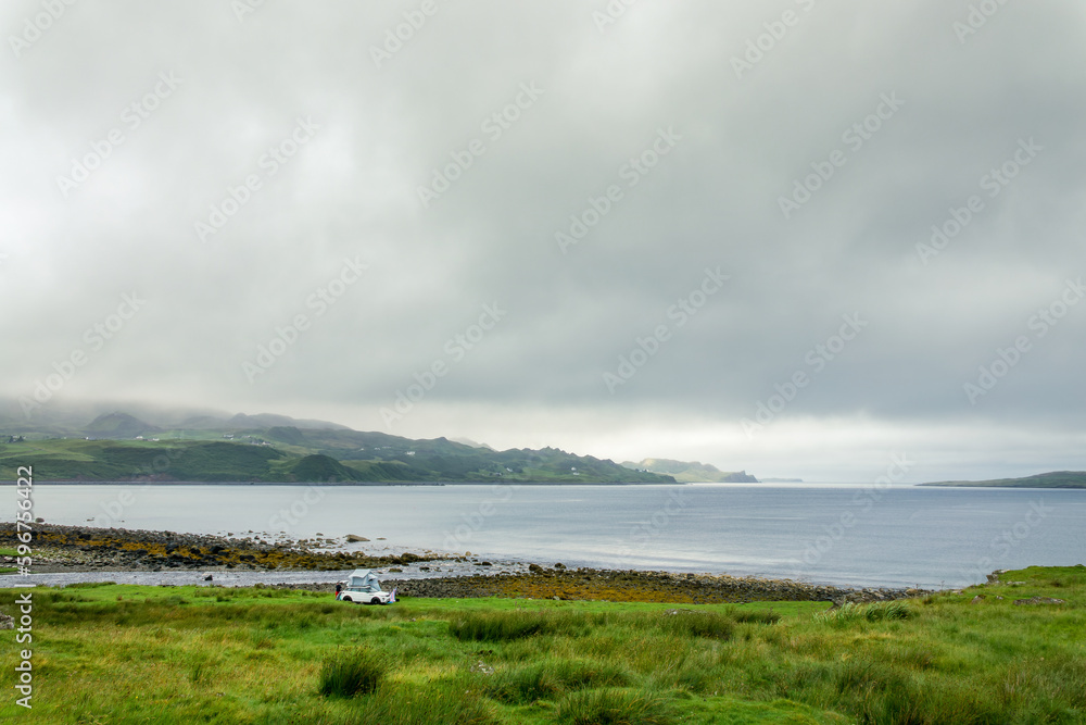 Wild camping on the coast of the Isle of Skye, Scotland, UK. With copy space.
