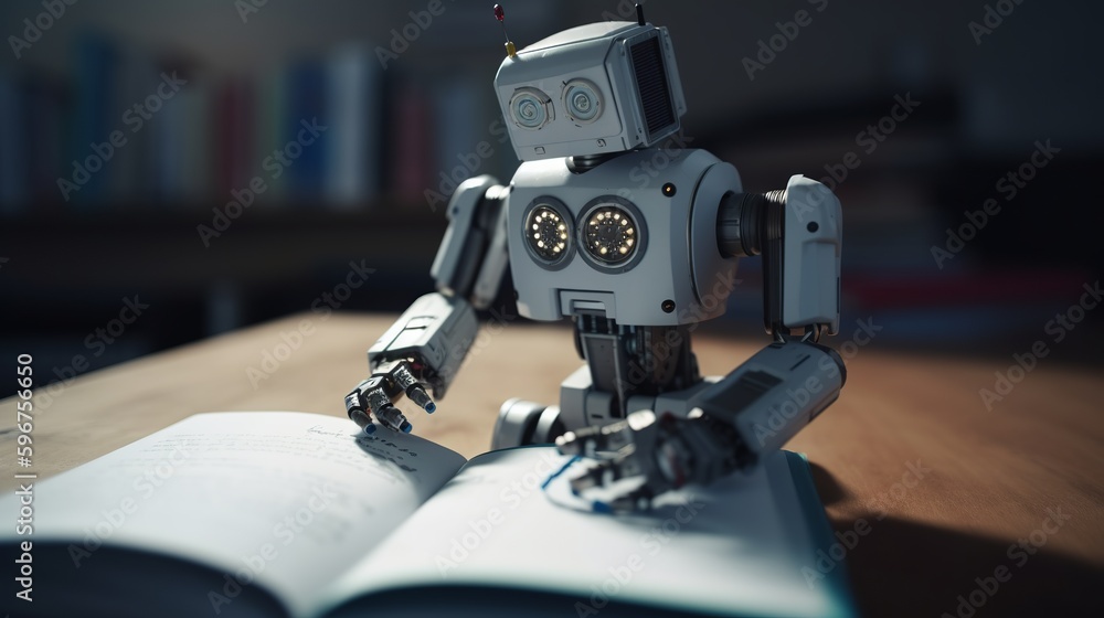 Robot writing book in realistic style on home background. Ai technology background. Artificial intelligence. Creative design. Futuristic technology. Online business.