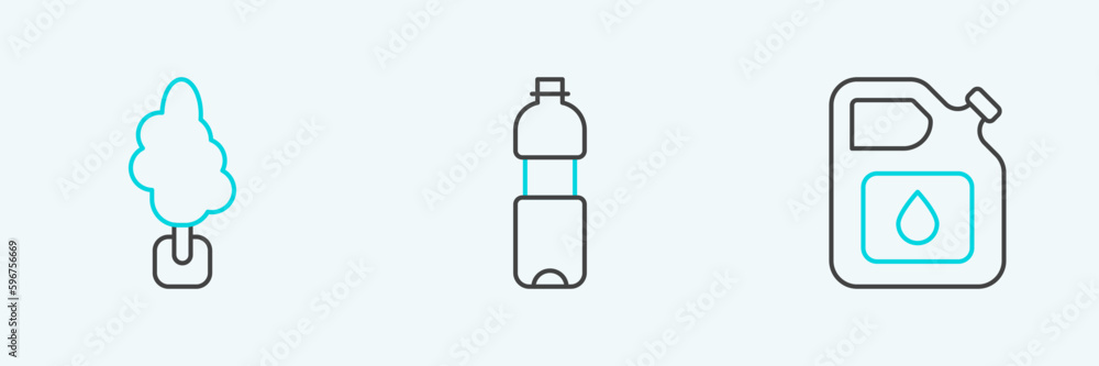 Set line Canister for gasoline, Tree and Bottle of water icon. Vector Set line Canister for gasoline, Tree and Bottle of water icon. Vector