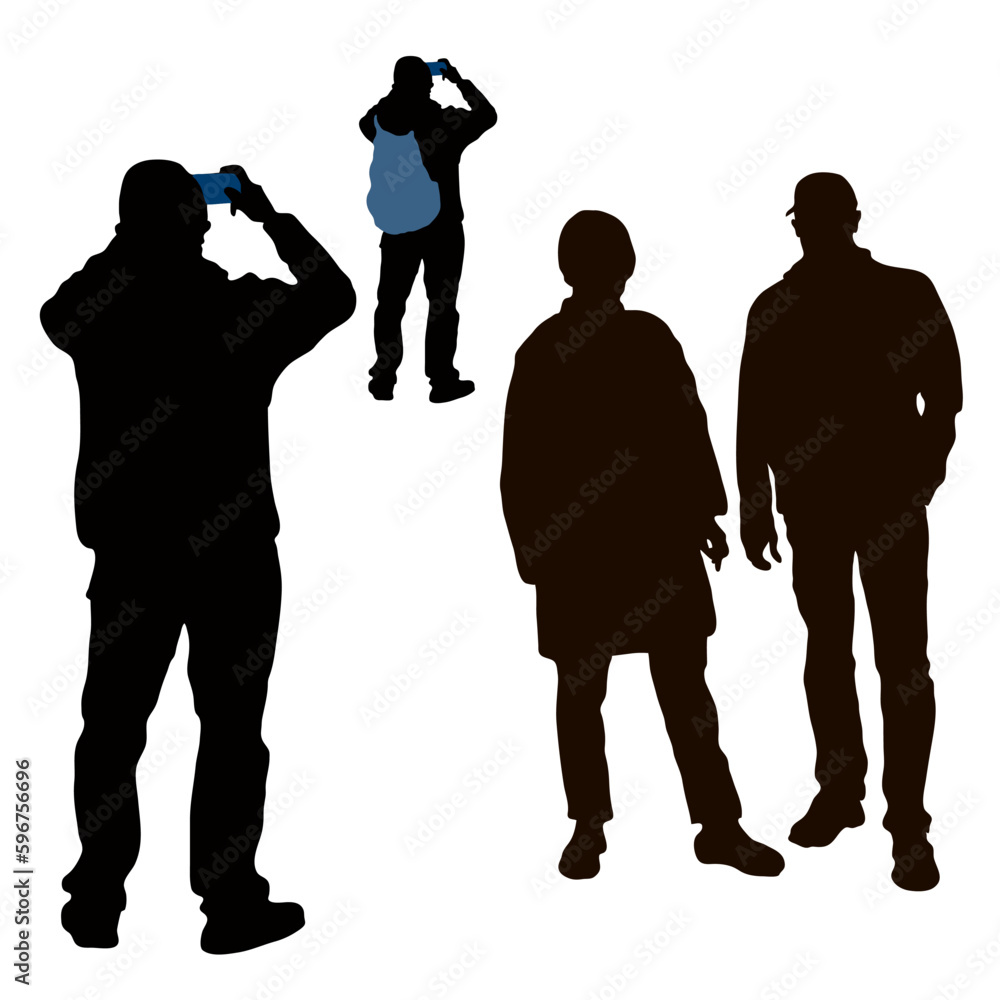 Vector silhouettes of people. A man takes a picture with his phone. Woman and man stand, three contours of a person isolated on white background Vector silhouettes of people. A man takes a picture with his phone. Woman and man stand, three contours of a person isolated on white background