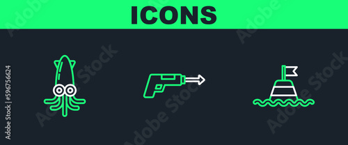 Set line Floating buoy on the sea, Octopus and Fishing harpoon icon. Vector