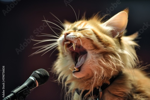 cat like as rock star performing at sold-out concert, with fans going wild in the crowd, created with generative ai