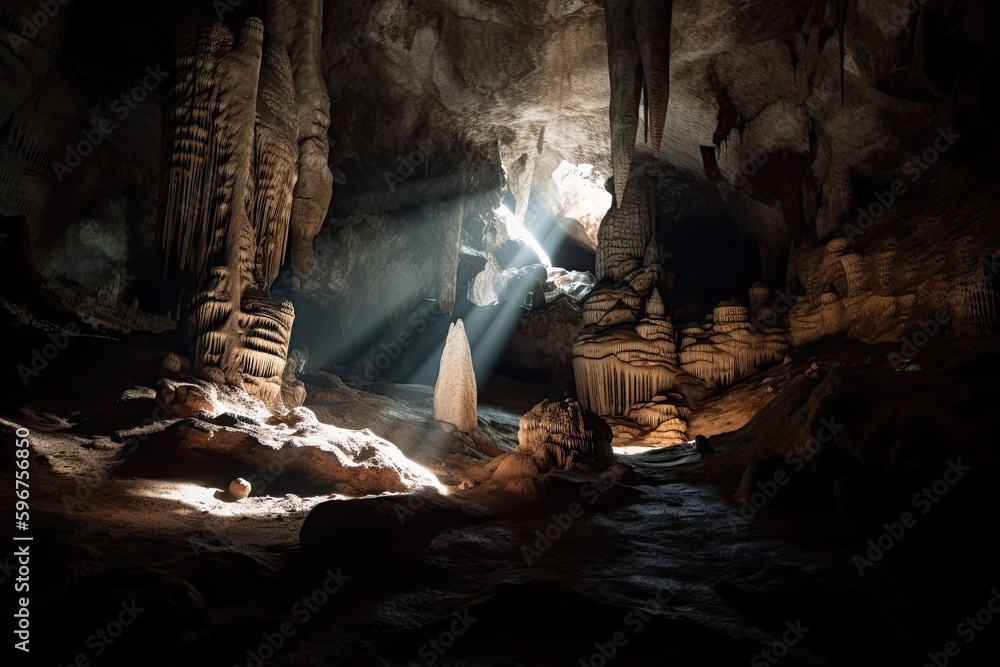 close-up of intricate cave spelunking formations, with flashlight beam illuminating the scene, created with generative ai