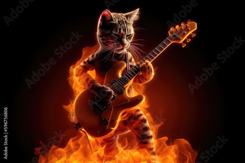 rocking cat on electric guitar, with smoke and flames in the background, created with generative ai