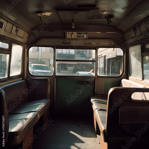Interior of a old bus. Profile view, facing the Windows. Shooting with iphone13 positive generative ai photo