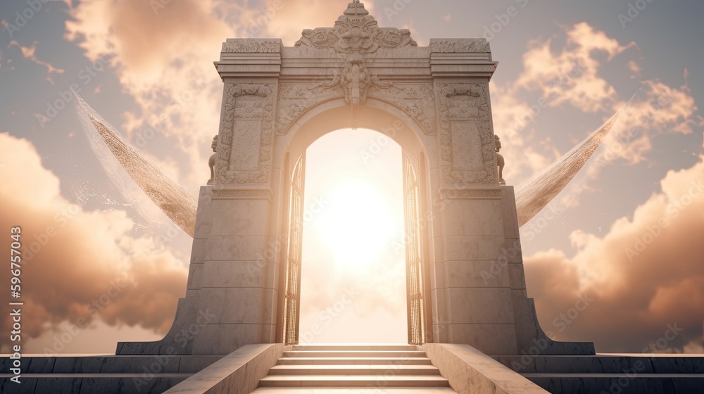 A Path to Heaven: Grand Doorway to a Historical Landmark, Enhanced by Sunshine and Senior Age. Generative AI