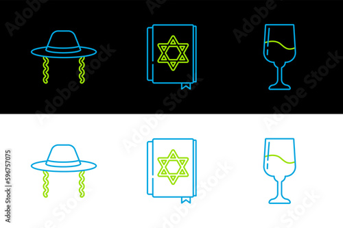 Set line Jewish goblet, Orthodox jewish hat and torah book icon. Vector