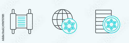 Set line Jewish coin, Torah scroll and World Globe and Israel icon. Vector