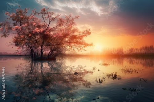 Beautiful Sunset at Lake with Sakura Blossoms: A Stunning Landscape. Generative AI © AIGen