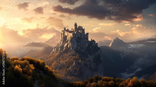 Mysterious Mediaeval Castle at Sunrise over the Mountains  A Panoramic View  Generative AI