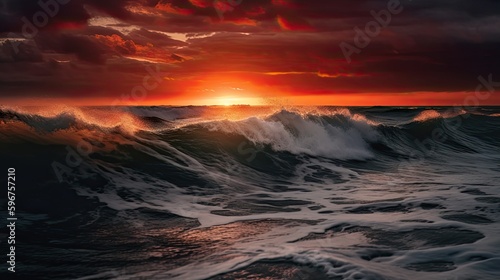 Raging Storm Waves Light Up the Evening Sky in an Ocean Sunset: Generative AI © AIGen